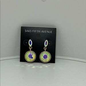Saks Fifth Avenue Gold Earrings with Purple and Green Gems (iridescent effect)